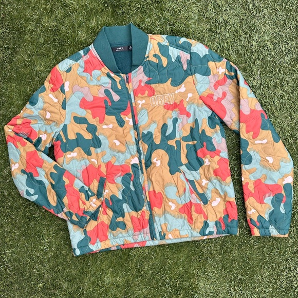 Obey Bunker Multi-Color Drip Camo Full Zip Quilted Softshell Bomber Jacket Med - Picture 1 of 10